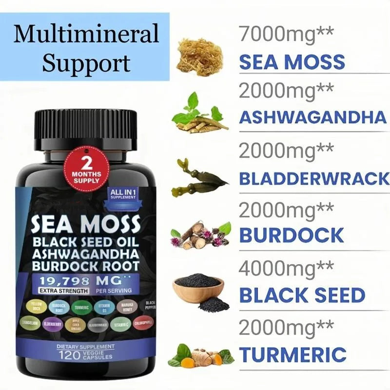 Ashwagandha Sea Moss Capsules Skin Joint Health Suppport Antioxidant Natural Nutrient with Black Seed Oil Pills