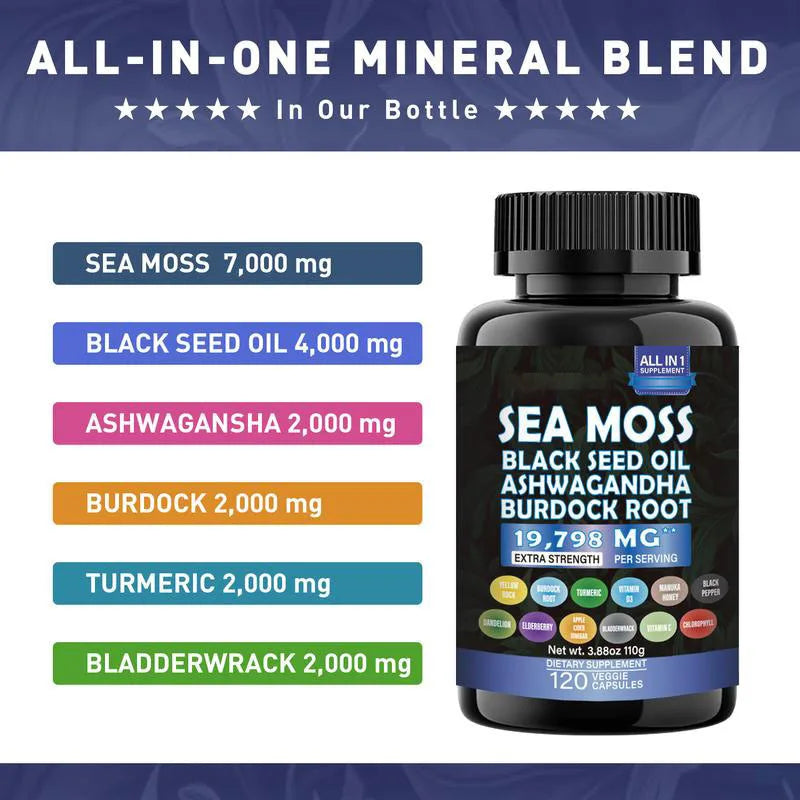 Ashwagandha Sea Moss Capsules Skin Joint Health Suppport Antioxidant Natural Nutrient with Black Seed Oil Pills