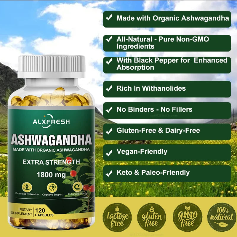 Pure Organic Ashwagandha Root Extract Capsule 1800Mg Supplement Help Stress, Focus, Brain, Energy Support Sleep Health
