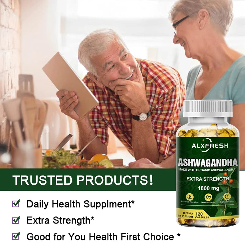 Pure Organic Ashwagandha Root Extract Capsule 1800Mg Supplement Help Stress, Focus, Brain, Energy Support Sleep Health