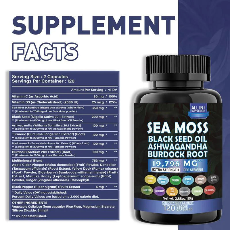 Ashwagandha Sea Moss Capsules Skin Joint Health Suppport Antioxidant Natural Nutrient with Black Seed Oil Pills